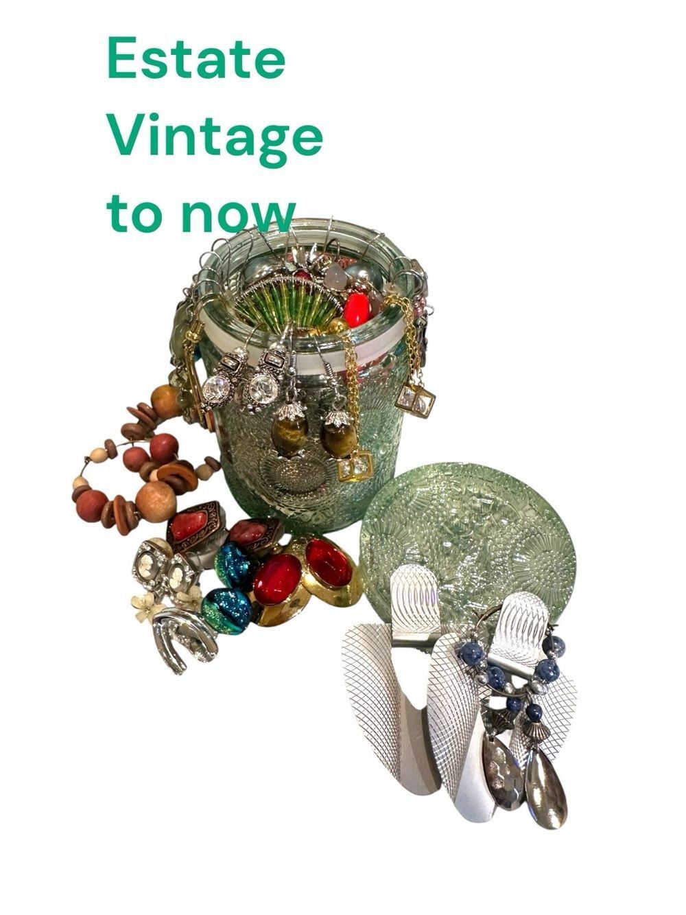 Estate Vintage to be now all earrings Jewelry in Decorative Green Glass Jar